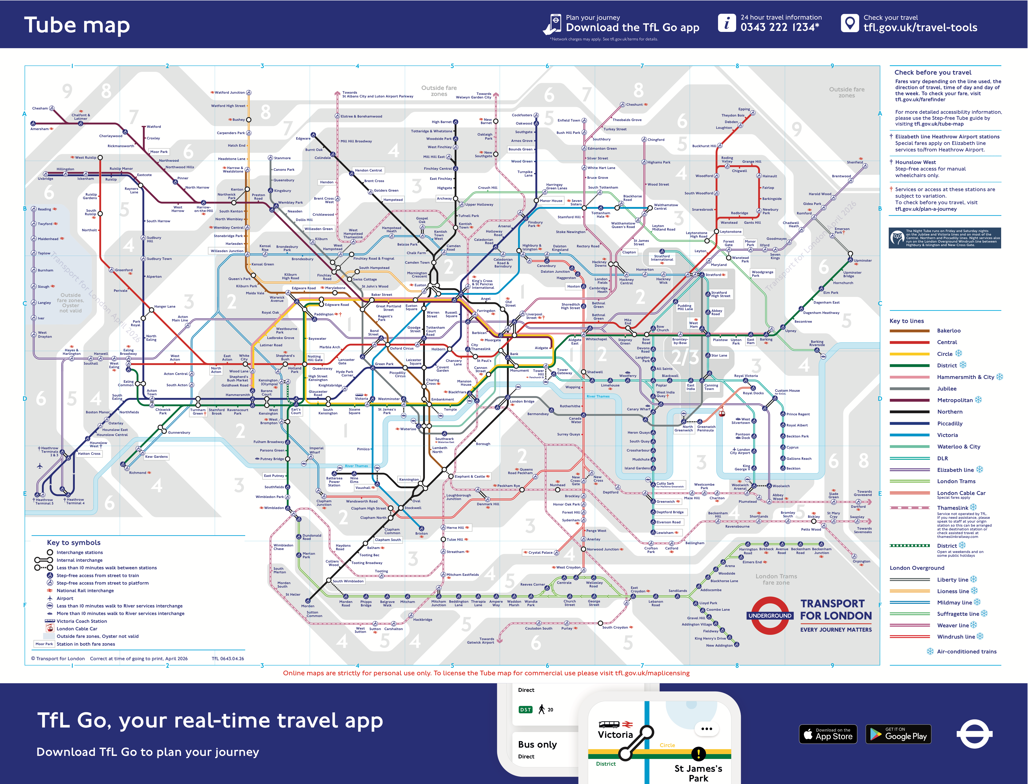 Official Transport for London Tube map, April 2026